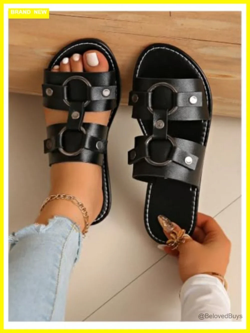 Faux Leather Ring Buckle Flat Sandals Open Toe Wide Strap Slide